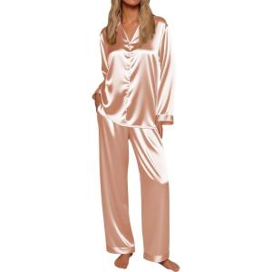 imageEkouaer Silk Satin Pajamas for Women Button Down Pjs Set Long Sleeve Loungewear 2 Piece Wide Leg SleepwearChampagne