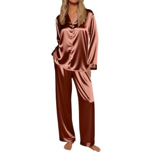 imageEkouaer Silk Satin Pajamas for Women Button Down Pjs Set Long Sleeve Loungewear 2 Piece Wide Leg SleepwearClay