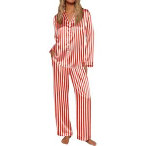 imageEkouaer Silk Satin Pajamas for Women Button Down Pjs Set Long Sleeve Loungewear 2 Piece Wide Leg SleepwearRed White Stripe