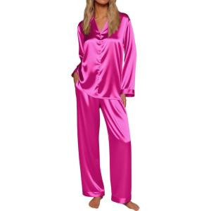 imageEkouaer Silk Satin Pajamas for Women Button Down Pjs Set Long Sleeve Loungewear 2 Piece Wide Leg SleepwearRose Red