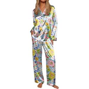 imageEkouaer Silk Satin Pajamas for Women Button Down Pjs Set Long Sleeve Loungewear 2 Piece Wide Leg SleepwearYellow Chrysanthemum