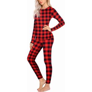 imageEkouaer Thermal Underwear for Women Long Johns Sets Base Layer Lightweight 2 Pieces Pajams SetPlaid Red