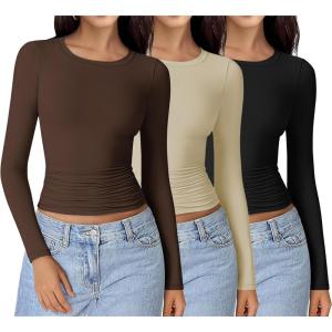 imageEkouaer Womens 3 Pack Long Sleeve Shirts Ruched Side Fitted Undershirts Round Neck Underscrubs Thermal Tops XSXXLBlackBrownKhaki