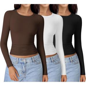 imageEkouaer Womens 3 Pack Long Sleeve Shirts Ruched Side Fitted Undershirts Round Neck Underscrubs Thermal Tops XSXXLBlackBrownWhite