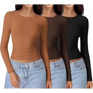imageEkouaer Womens 3 Pack Long Sleeve Shirts Ruched Side Fitted Undershirts Round Neck Underscrubs Thermal Tops XSXXLBlackCaramelBrown