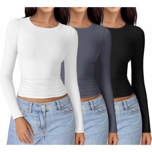 imageEkouaer Womens 3 Pack Long Sleeve Shirts Ruched Side Fitted Undershirts Round Neck Underscrubs Thermal Tops XSXXLBlackGreyWhite