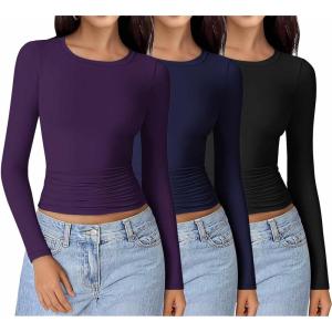 imageEkouaer Womens 3 Pack Long Sleeve Shirts Ruched Side Fitted Undershirts Round Neck Underscrubs Thermal Tops XSXXLBlackNavyPurple