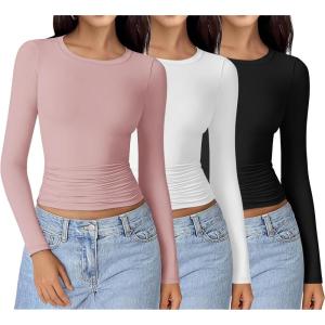 imageEkouaer Womens 3 Pack Long Sleeve Shirts Ruched Side Fitted Undershirts Round Neck Underscrubs Thermal Tops XSXXLBlackWhitePink