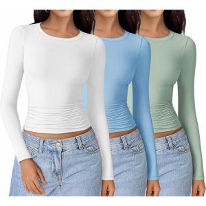 imageEkouaer Womens 3 Pack Long Sleeve Shirts Ruched Side Fitted Undershirts Round Neck Underscrubs Thermal Tops XSXXLWhiteGreenLight Blue