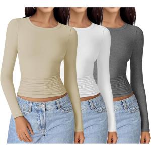 imageEkouaer Womens 3 Pack Long Sleeve Shirts Ruched Side Fitted Undershirts Round Neck Underscrubs Thermal Tops XSXXLWhiteKhakiAsh Grey