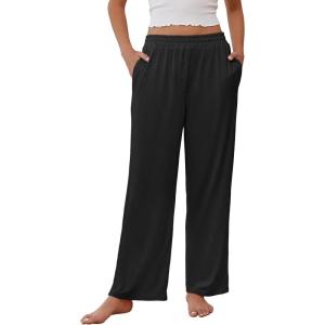 imageEkouaer Womens Pajama Pants Soft Comfy Pj Pants for Women Wide Leg Elastic Waist Sleep Bottom with PocketsBlack