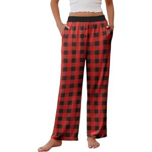 imageEkouaer Womens Pajama Pants Soft Comfy Pj Pants for Women Wide Leg Elastic Waist Sleep Bottom with PocketsBlack Red Plaid