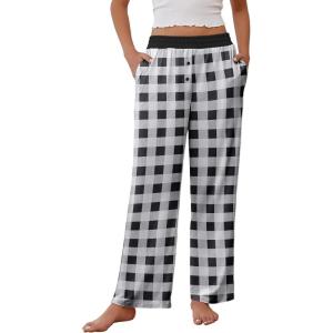 imageEkouaer Womens Pajama Pants Soft Comfy Pj Pants for Women Wide Leg Elastic Waist Sleep Bottom with PocketsBlack White Plaid