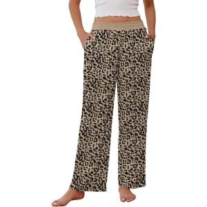 imageEkouaer Womens Pajama Pants Soft Comfy Pj Pants for Women Wide Leg Elastic Waist Sleep Bottom with PocketsLeopard
