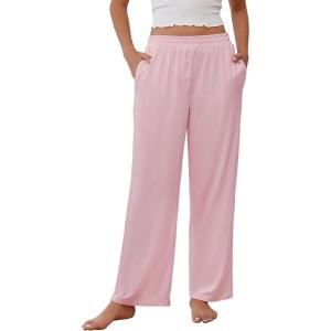 imageEkouaer Womens Pajama Pants Soft Comfy Pj Pants for Women Wide Leg Elastic Waist Sleep Bottom with PocketsPink