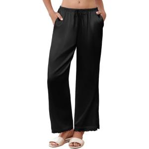 imageEkouaer Womens Silk Satin Pajama Pants Casual Comfy Sleep Pants Pocketed Elastic Waist Wide Leg Pj Bottoms with Lace TrimBlack