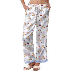 imageEkouaer Womens Silk Satin Pajama Pants Casual Comfy Sleep Pants Pocketed Elastic Waist Wide Leg Pj Bottoms with Lace TrimBlue Striped Teddy