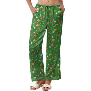 imageEkouaer Womens Silk Satin Pajama Pants Casual Comfy Sleep Pants Pocketed Elastic Waist Wide Leg Pj Bottoms with Lace TrimGreen Chirstmas Pattern