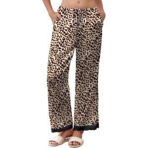 imageEkouaer Womens Silk Satin Pajama Pants Casual Comfy Sleep Pants Pocketed Elastic Waist Wide Leg Pj Bottoms with Lace TrimLeopard