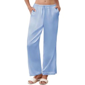 imageEkouaer Womens Silk Satin Pajama Pants Casual Comfy Sleep Pants Pocketed Elastic Waist Wide Leg Pj Bottoms with Lace TrimLight Blue