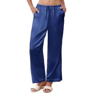 imageEkouaer Womens Silk Satin Pajama Pants Casual Comfy Sleep Pants Pocketed Elastic Waist Wide Leg Pj Bottoms with Lace TrimNavy Blue