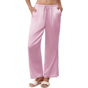 imageEkouaer Womens Silk Satin Pajama Pants Casual Comfy Sleep Pants Pocketed Elastic Waist Wide Leg Pj Bottoms with Lace TrimPink