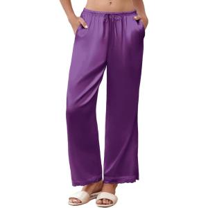 imageEkouaer Womens Silk Satin Pajama Pants Casual Comfy Sleep Pants Pocketed Elastic Waist Wide Leg Pj Bottoms with Lace TrimPurple