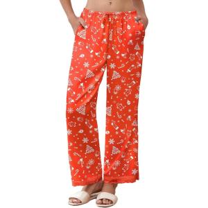 imageEkouaer Womens Silk Satin Pajama Pants Casual Comfy Sleep Pants Pocketed Elastic Waist Wide Leg Pj Bottoms with Lace TrimRed Chirstmas Pattern