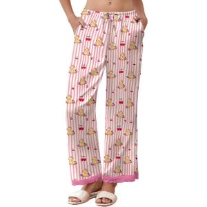 imageEkouaer Womens Silk Satin Pajama Pants Casual Comfy Sleep Pants Pocketed Elastic Waist Wide Leg Pj Bottoms with Lace TrimRed Striped Teddy