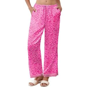 imageEkouaer Womens Silk Satin Pajama Pants Casual Comfy Sleep Pants Pocketed Elastic Waist Wide Leg Pj Bottoms with Lace TrimRose Leopard
