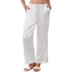 imageEkouaer Womens Silk Satin Pajama Pants Casual Comfy Sleep Pants Pocketed Elastic Waist Wide Leg Pj Bottoms with Lace TrimWhite