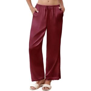 imageEkouaer Womens Silk Satin Pajama Pants Casual Comfy Sleep Pants Pocketed Elastic Waist Wide Leg Pj Bottoms with Lace TrimWine Red