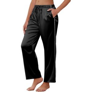 imageEkouaer Womens Silk Satin Pajama Pants Soft Comfy Loose Pj Pants Drawstring Elastic Waist Wide Leg Lounge Bottom with PocketsBlack