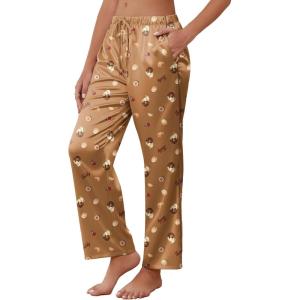 imageEkouaer Womens Silk Satin Pajama Pants Soft Comfy Loose Pj Pants Drawstring Elastic Waist Wide Leg Lounge Bottom with PocketsBrown Teddy