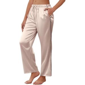 imageEkouaer Womens Silk Satin Pajama Pants Soft Comfy Loose Pj Pants Drawstring Elastic Waist Wide Leg Lounge Bottom with PocketsChampagne