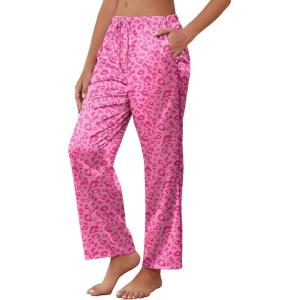 imageEkouaer Womens Silk Satin Pajama Pants Soft Comfy Loose Pj Pants Drawstring Elastic Waist Wide Leg Lounge Bottom with PocketsHot Pink Leopard