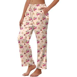 imageEkouaer Womens Silk Satin Pajama Pants Soft Comfy Loose Pj Pants Drawstring Elastic Waist Wide Leg Lounge Bottom with PocketsKhaki Cherry Teddy