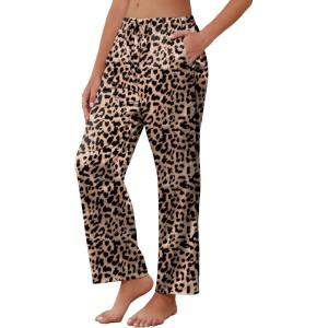 imageEkouaer Womens Silk Satin Pajama Pants Soft Comfy Loose Pj Pants Drawstring Elastic Waist Wide Leg Lounge Bottom with PocketsLeopard