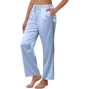 imageEkouaer Womens Silk Satin Pajama Pants Soft Comfy Loose Pj Pants Drawstring Elastic Waist Wide Leg Lounge Bottom with PocketsLight Blue