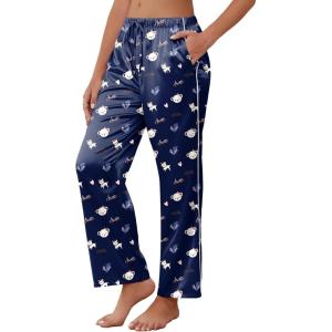 imageEkouaer Womens Silk Satin Pajama Pants Soft Comfy Loose Pj Pants Drawstring Elastic Waist Wide Leg Lounge Bottom with PocketsNavy Blue Teddy