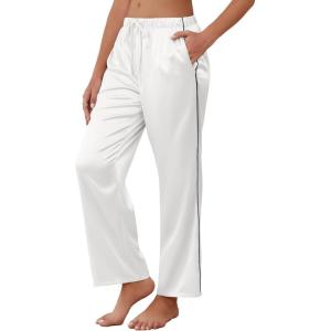 imageEkouaer Womens Silk Satin Pajama Pants Soft Comfy Loose Pj Pants Drawstring Elastic Waist Wide Leg Lounge Bottom with PocketsWhite