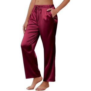 imageEkouaer Womens Silk Satin Pajama Pants Soft Comfy Loose Pj Pants Drawstring Elastic Waist Wide Leg Lounge Bottom with PocketsWine Red