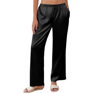 imageEkouaer Womens Silk Satin Wide Leg Pajama Sleep Pants Casual Loose Soft Lounge Pants Elastic Waist Pj Bottoms with PocketsBlack