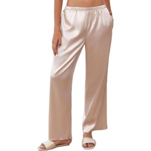 imageEkouaer Womens Silk Satin Wide Leg Pajama Sleep Pants Casual Loose Soft Lounge Pants Elastic Waist Pj Bottoms with PocketsChampagne