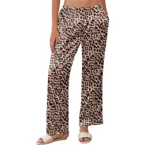 imageEkouaer Womens Silk Satin Wide Leg Pajama Sleep Pants Casual Loose Soft Lounge Pants Elastic Waist Pj Bottoms with PocketsLeopard Brown