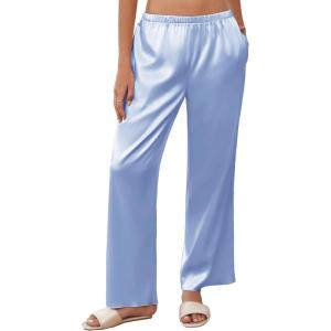 imageEkouaer Womens Silk Satin Wide Leg Pajama Sleep Pants Casual Loose Soft Lounge Pants Elastic Waist Pj Bottoms with PocketsLight Blue