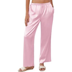 imageEkouaer Womens Silk Satin Wide Leg Pajama Sleep Pants Casual Loose Soft Lounge Pants Elastic Waist Pj Bottoms with PocketsLight Pink