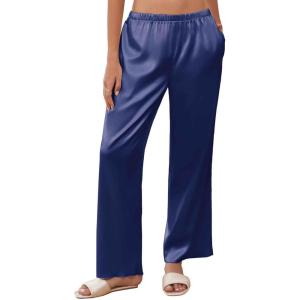 imageEkouaer Womens Silk Satin Wide Leg Pajama Sleep Pants Casual Loose Soft Lounge Pants Elastic Waist Pj Bottoms with PocketsNavy Blue