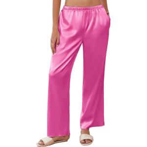 imageEkouaer Womens Silk Satin Wide Leg Pajama Sleep Pants Casual Loose Soft Lounge Pants Elastic Waist Pj Bottoms with PocketsRose Red
