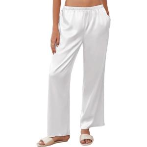 imageEkouaer Womens Silk Satin Wide Leg Pajama Sleep Pants Casual Loose Soft Lounge Pants Elastic Waist Pj Bottoms with PocketsWhite